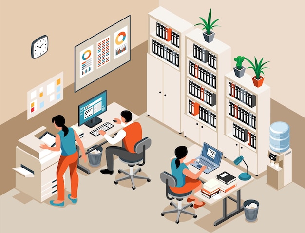 Gente de oficina que trabaja con computadora e impresión de documentos en la ilustración de vector de fondo isométrico de impresora