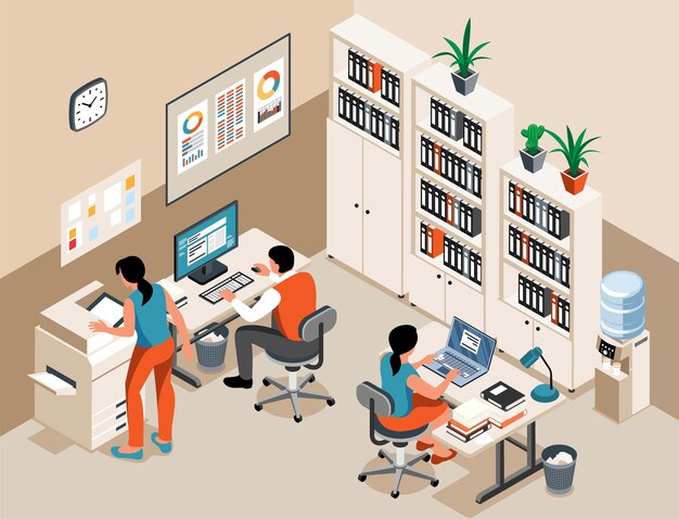 Gente de oficina que trabaja con computadora e impresión de documentos en la ilustración de vector de fondo isométrico de impresora
