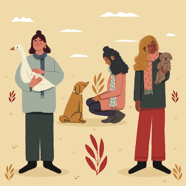 Gente de otoño con ilustración de mascotas