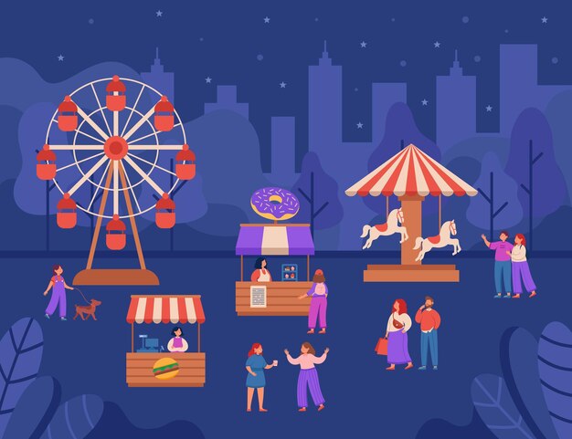 Gente en el parque de atracciones nocturno ilustración vectorial plana. Hombres y mujeres caminando por las calles de la ciudad, hablando, comprando comida. Vendedores parados en puestos y vendiendo productos. Comercio justo, concepto de mercado