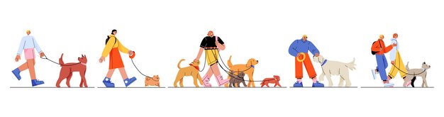 Gente paseando con perros con correa set plano
