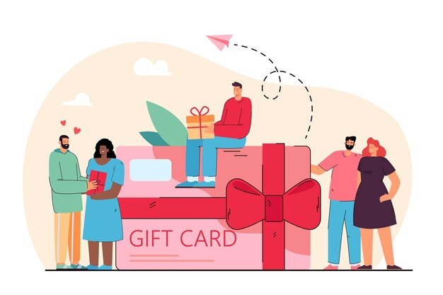 Gente pequeña cerca de un vale de tarjeta de regalo gigante de la ilustración plana de la tienda