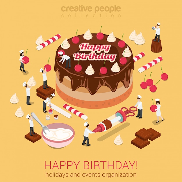 La gente pequeña hace la torta con la ilustración de vector isométrica de feliz cumpleaños de inscripción. organización de eventos de vacaciones o concepto de negocio de repostería.