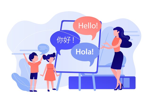 Gente pequeña, maestros y niños en el campamento que aprenden inglés y chino.