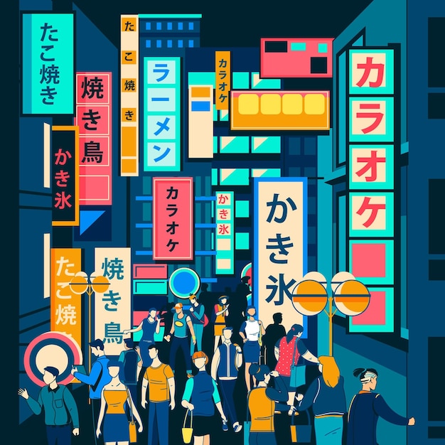 Vector gratuito gente de pie en la calle japonesa moderna