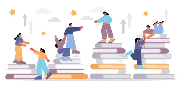 La gente se para en pilas de libros y ayuda a sus amigos a escalar