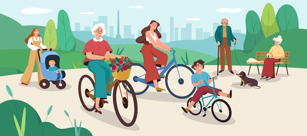 Gente plana caminando y en bicicleta en el parque público de la ciudad