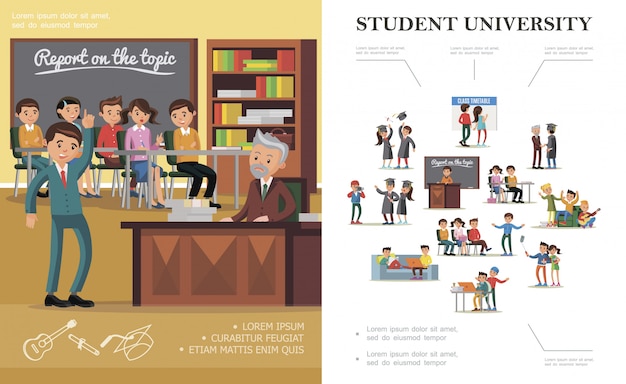 Gente plana en la composición colorida de la universidad con personas alegres en diversas situaciones
