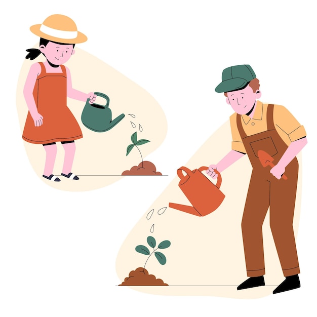 Gente plana cuidando plantas ilustración