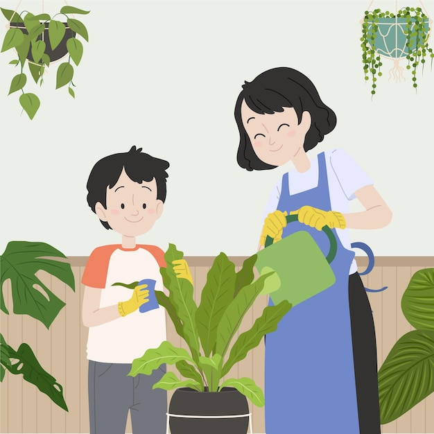 Vector gratuito gente plana cuidando plantas ilustradas.