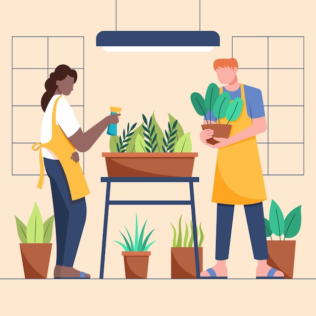 Vector gratuito gente plana cuidando plantas juntos.