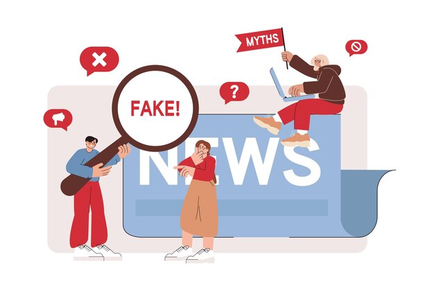 Gente plana escaneando noticias falsas publicadas en redes sociales e información engañosa en la prensa de los medios de Internet Hombre con lupa revisando hechos falsos mitos Propaganda o desinformación en línea