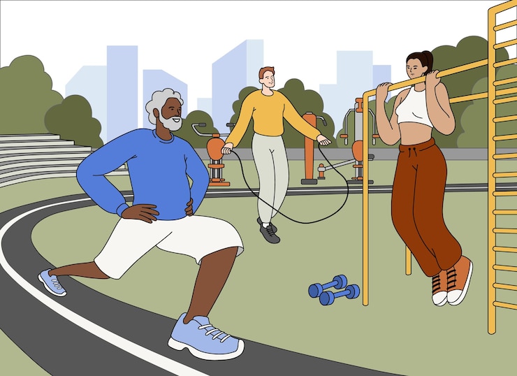 Vector gratuito gente plana hace ejercicios deportivos en el parque de entrenamiento de verano