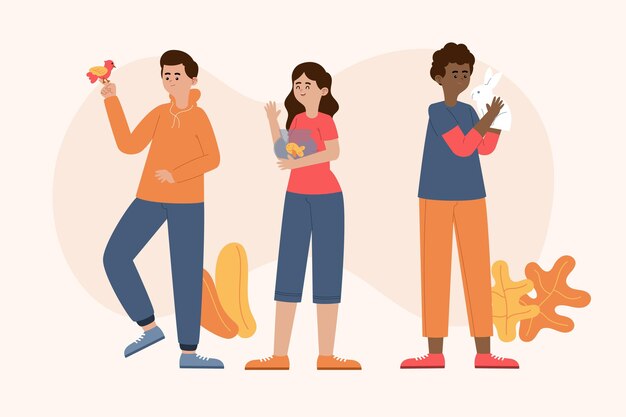 Gente plana con ilustración de mascotas