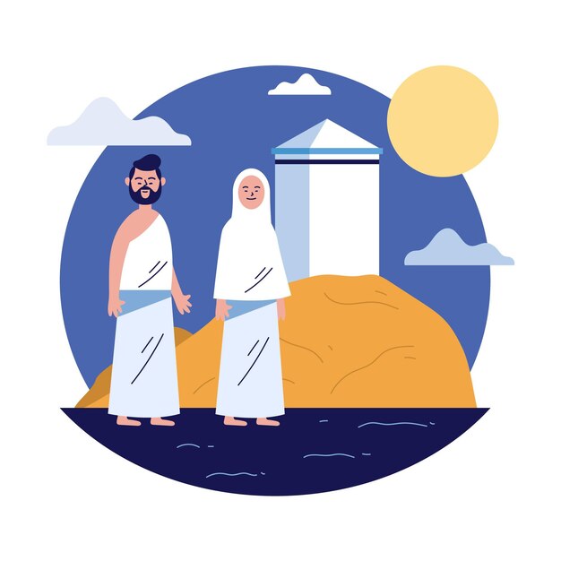 Gente plana en ilustración de peregrinación hajj