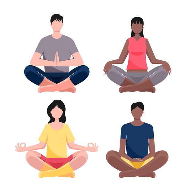 Gente plana meditando ilustrada.
