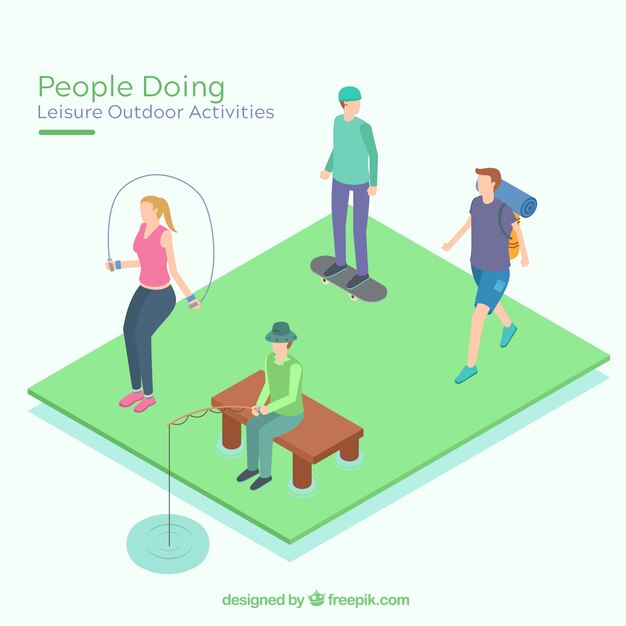 Gente plana realizando actividades de ocio al aire libre.