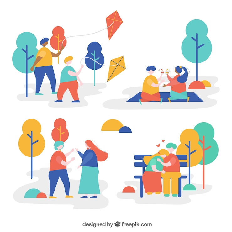 Vector gratuito gente plana realizando actividades de ocio al aire libre.