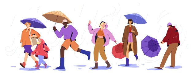 Gente plana con sombrillas e impermeables caminando en charcos en día lluvioso