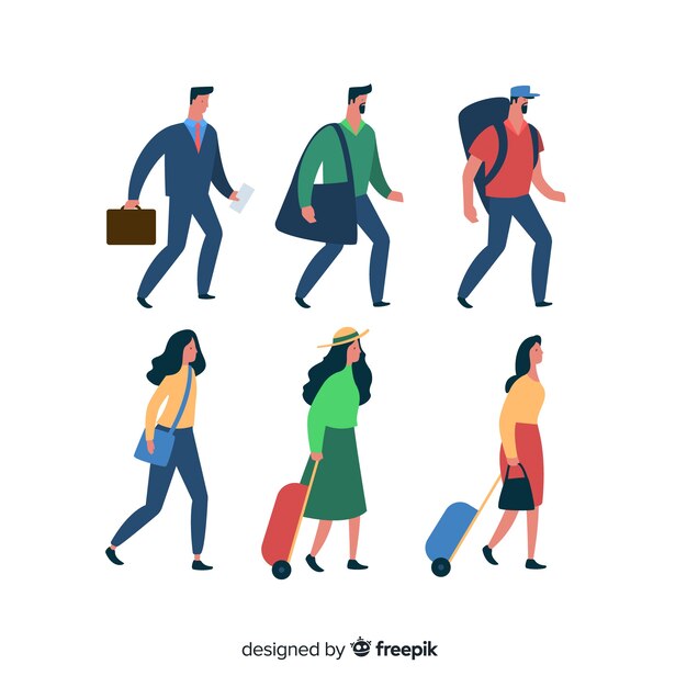 Gente plana viajando en diferentes situaciones
