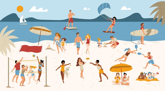 Gente en la playa personajes deportes de verano ocio