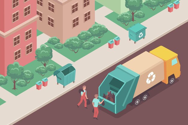 Gente poniendo bolsas con basura en camión de basura isométrico 3d