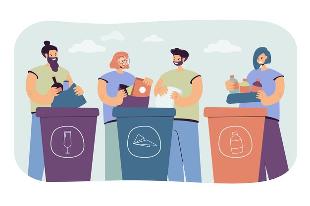 Gente positiva clasificación de basura aislada ilustración plana.