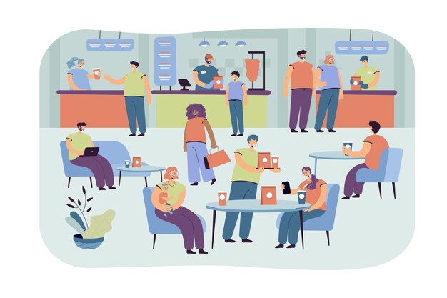 Gente positiva comiendo en café aislado ilustración plana. Personajes de dibujos animados almorzando en el patio de comidas