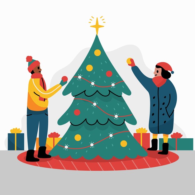 Gente preparando el árbol de navidad
