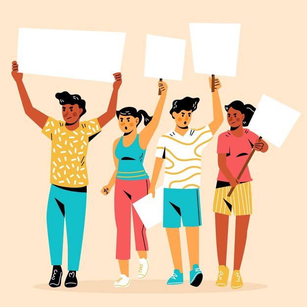 Gente protestando pacíficamente afuera con pancartas vacías