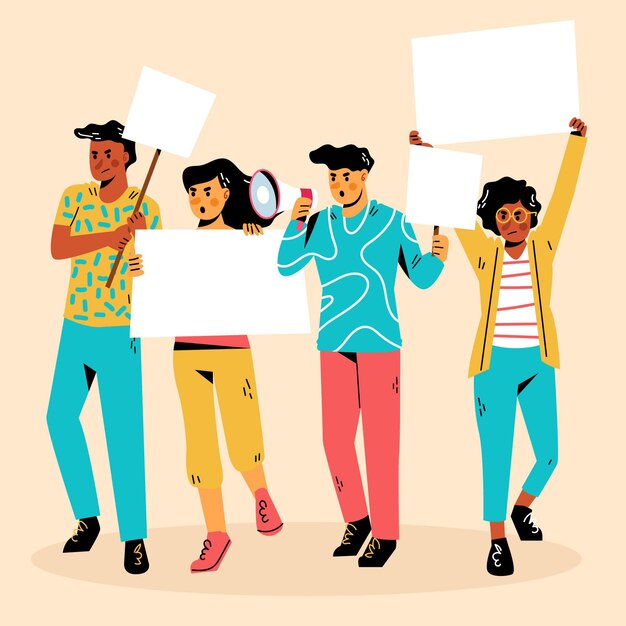 Gente protestando pacíficamente con pancartas vacías