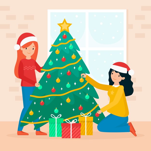 Gente que adorna la ilustración del árbol de navidad