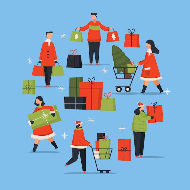 Gente que compra set de regalos de navidad