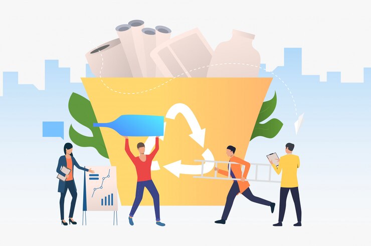 Vector gratuito gente que pone la basura en un gran contenedor de reciclaje, tabla de estadísticas