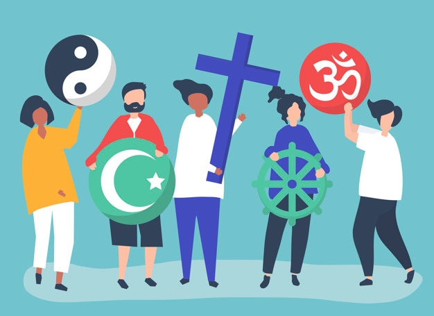 Gente que tiene diversos símbolos religiosos ilustración