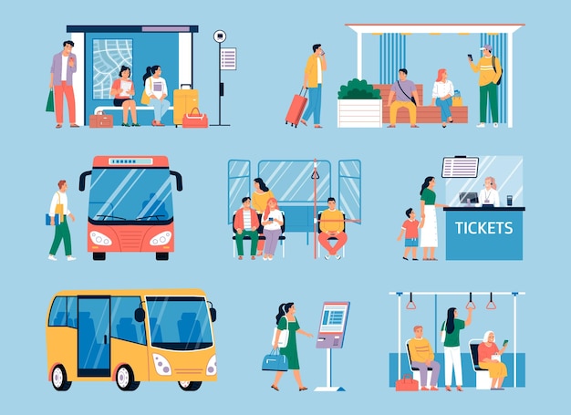 Vector gratuito gente que viaja esperando en la parada de autobús comprando boletos conjunto plano aislado en la ilustración de vector de fondo de color