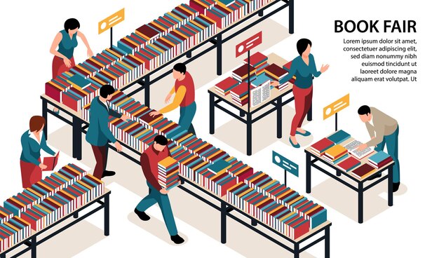 Gente que visita la ilustración de la feria del libro.