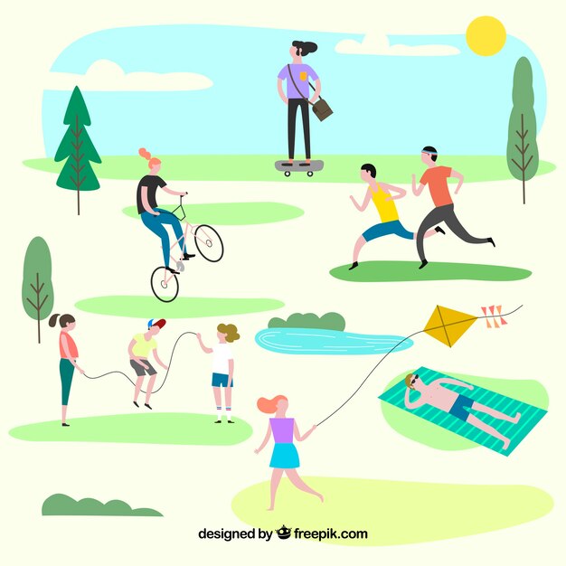 Gente realizando actividades de ocio al aire libre con diseño plano