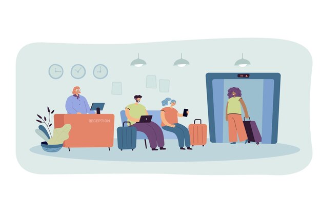 La gente en la recepción del hotel aisló la ilustración plana. Ilustración de dibujos animados