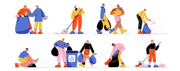 Vector gratuito la gente recoge la limpieza de los personajes de los voluntarios de basura.