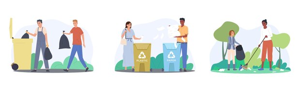 La gente recogiendo y clasificando la composición plana de residuos establece una ilustración vectorial aislada