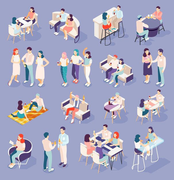 La gente se relaja y bebe cerveza, vino, champán, cócteles en restaurantes y en casa, iconos isométricos establecen ilustración vectorial 3d