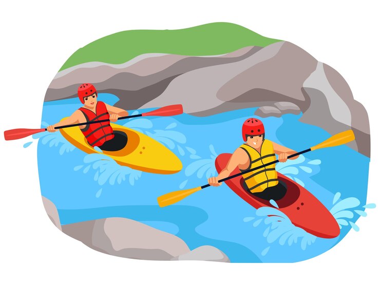 Vector gratuito gente remando en canoa o kayak aventura deportiva extrema hombres haciendo ejercicio o compitiendo en el agua al aire libre recreación arriesgada y ejercicio estilo de vida saludable en la naturaleza