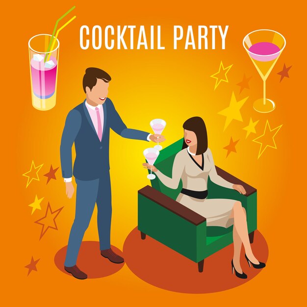 Gente rica durante la composición isométrica del cóctel sobre fondo naranja con bebidas y estrellas ilustración vectorial