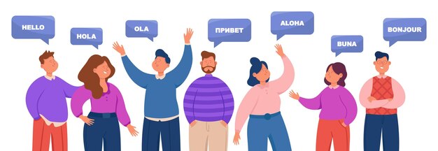 Gente saludando en diferentes idiomas. Hombres y mujeres multiétnicos que hablan idiomas extranjeros. Altavoces multilingües que saludan la ilustración vectorial plana. Concepto de comunicación internacional
