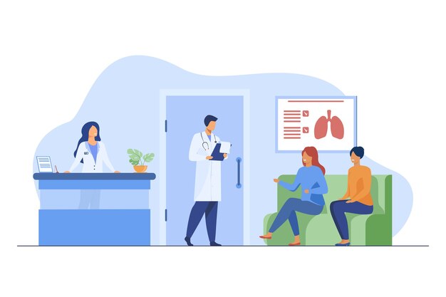 Gente sentada en el pasillo del hospital y esperando al médico. Paciente, clínica, visita ilustración vectorial plana. Medicina y salud