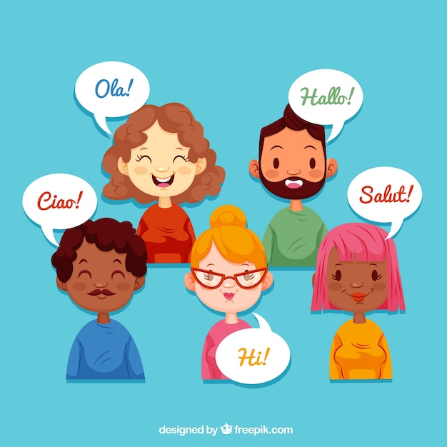 Gente sonriente hablando distintos idiomas con diseño plano