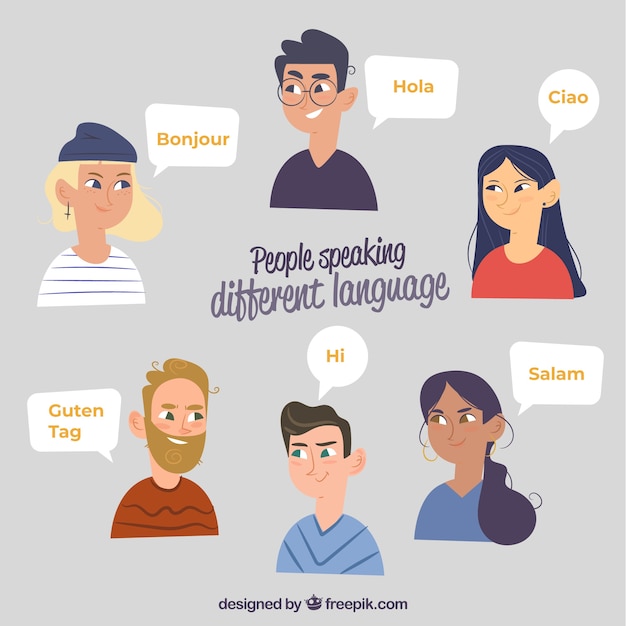 Vector gratuito gente sonriente hablando distintos idiomas con diseño plano