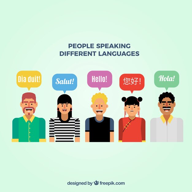 Gente sonriente hablando distintos idiomas con diseño plano