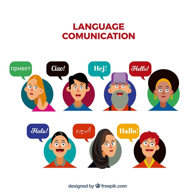 Gente sonriente hablando distintos idiomas con diseño plano
